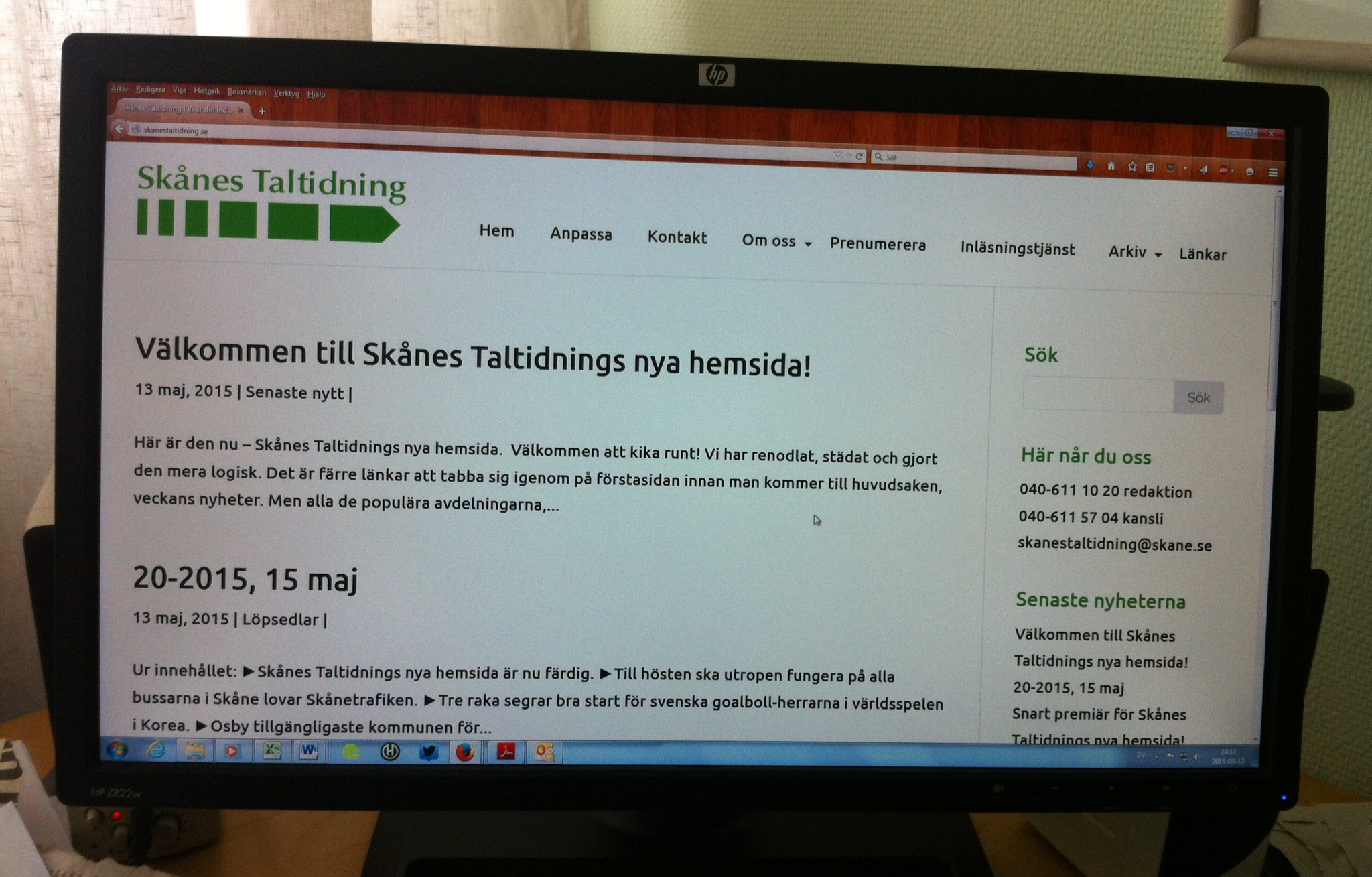 Skånes Taltidnings nya hemsida i vitt och grönt, med två blogginlägg.